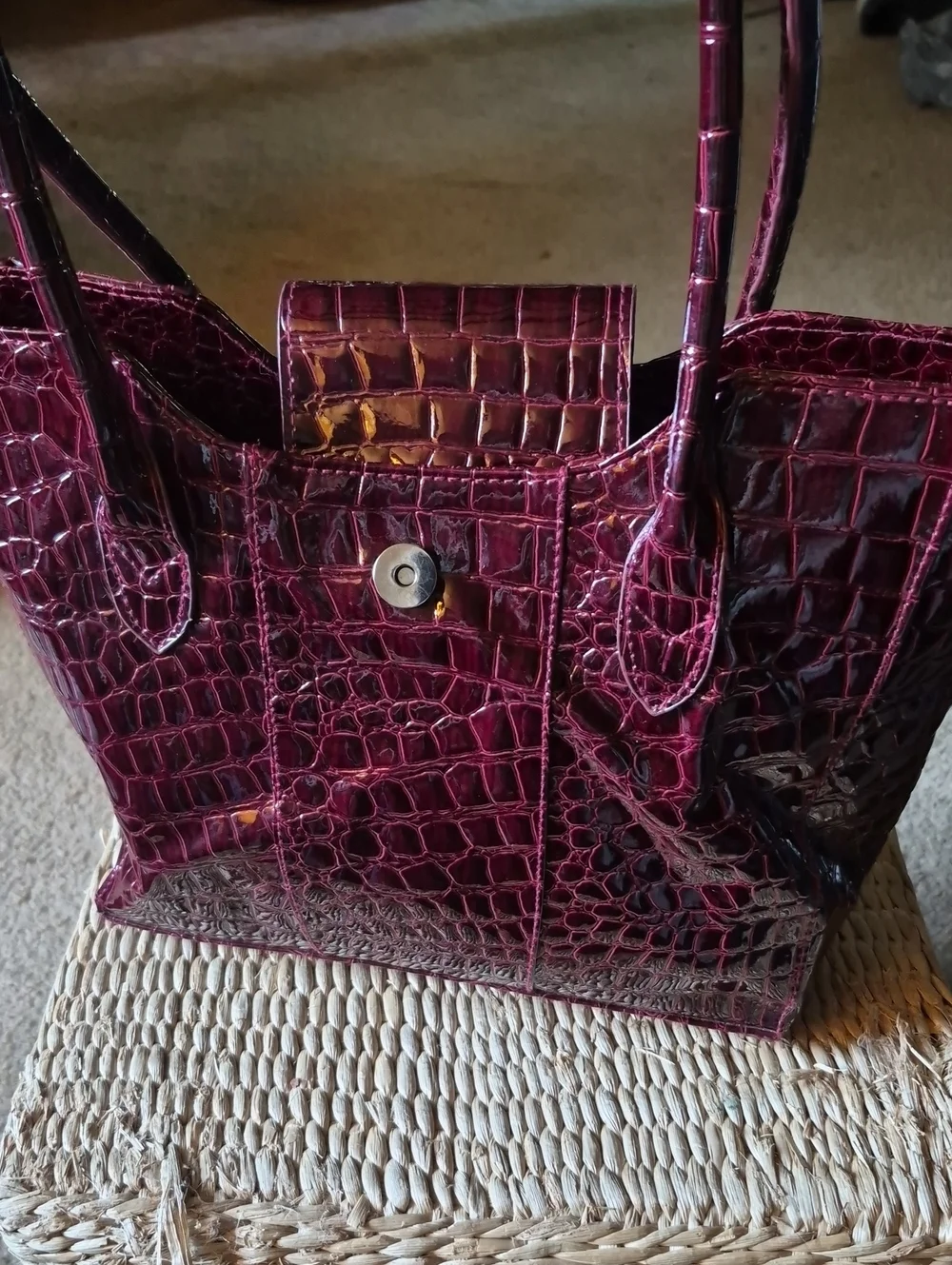 Patent Croc-Embossed Tote Bag in Deep Burgundy